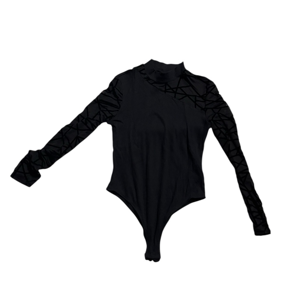 SHEIN Black Long-Sleeve Mock Neck Bodysuit with Geometric Mesh Sleeves